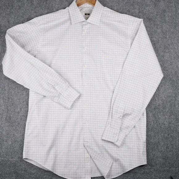 Joseph Abboud Dress Shirt Mens 16.5 37 White Blue Windowpane No Wrinkle Cotton - Picture 3 of 6